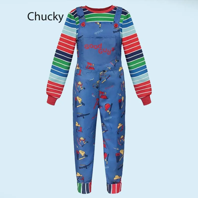 할로윈 의상 Chucky ChildPlay 성인 Chucky 코스프레 의상을위한 줄무늬 셔츠와 파란색 만화 점프 슈트 작업복