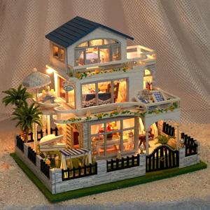 새로운 DIY 나무 미니 해변 빌라 미니어처 빌딩 키트 가구가있는 인형 집 친구를위한 카사 인형 집 생일 선물