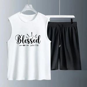 남성용 조끼 정장 여름 민소매 프린트 블레스드 존 탱크탑 + 반바지 패션 정장 스포츠 투피스 빠른 건조