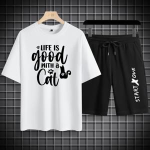 남성용 여름 빠른 건조 'Life Is Good With A Cat Star Love' 프린트 그래픽 티셔츠 세트 의류 남성 스포츠 세트