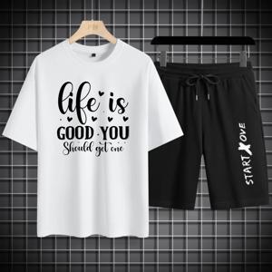 남성 세트 여름 빠른 건조 라이프 이즈 스타트 라이프 프린트 그래픽 티셔츠 세트 신상 남성 세트 스포츠 남성 반팔 티셔츠