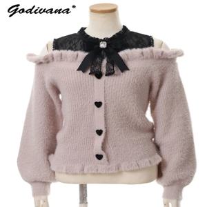 리즈 스웨터 일본 대량 생산 가을, 겨울 모직 오프 숄더 레이스 슬림 짧은 스웨터 부드러운 모피 니트 풀오버