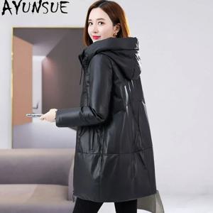 AYUNSUE 100% 여성용 리얼 가죽 재킷, 미드 롱 화이트 덕 다운 코트, 후드 양가죽 코트, 루즈 아우터, 차케타, 겨울