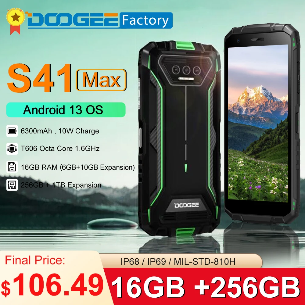 DOOGEE S41 Max 16GB 256GB 견고한 스마트폰 6300mAh 13MP AI 트리플 카메라 핸드폰 NFC 4G 안드로이드 13 휴대 전화