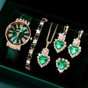 여성용 럭셔리 시계 목걸이 귀걸이 팔찌 세트, 피치 하트 그린 가죽 스트랩, 쿼츠 손목시계, Montre femme