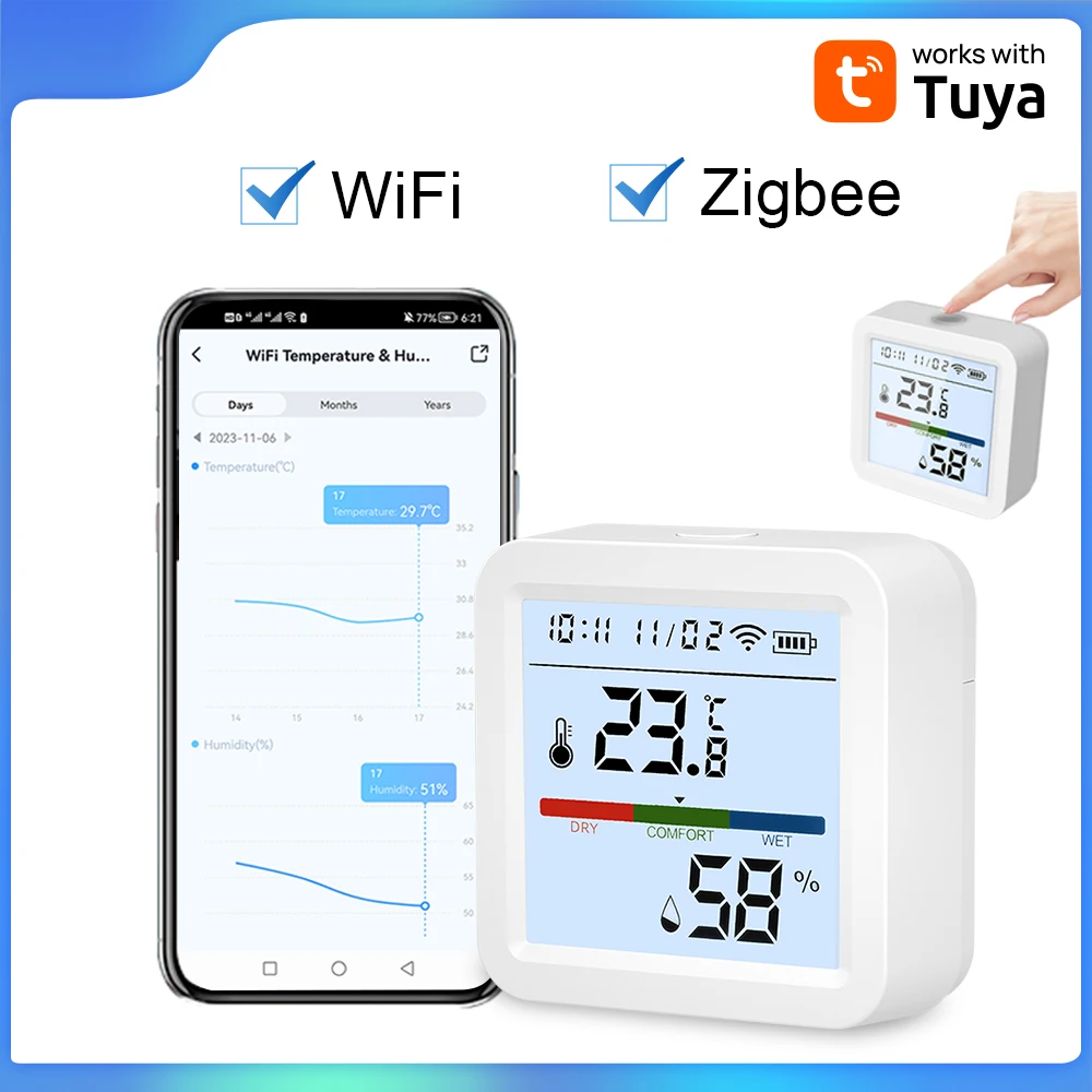 Tuya 스마트 온도 습도 센서 WiFi/Zigbee 백라이트 실내 습도계 온도계 Alexa Google을 통한 음성 제어