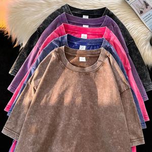 100% 코튼 레트로 펑크 티셔츠, 드롭 숄더 슬리브, 빈티지 반팔 티셔츠, 단색 힙합 루즈 티, 남녀공용, 230g