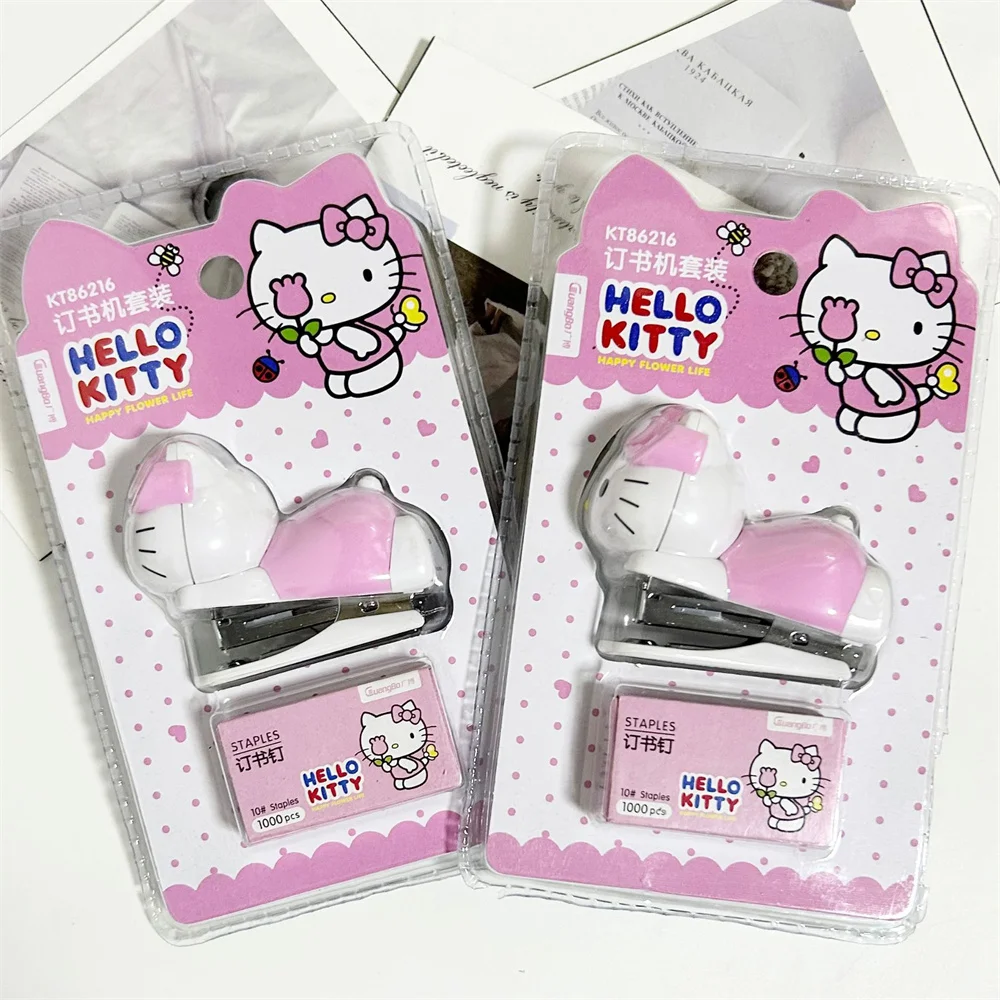 Sanrio Anime 미니 스테이플러 세트 헬로 키티 휴대용 컬러 종이 바인딩 기계 패션 문구 사무실 학교 용품 선물