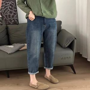 플러스 사이즈 하이웨이스트 스트레이트 레그 나인텐스 진 여성용 봄 여름 루즈핏 캐주얼 코튼 스트레치 데님 블루