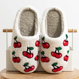 귀여운 작은 체리 슬리퍼 여성 푹신한 체리 모피 플러시 하우스 신발 여성 침실 편안한 홈 플랫 슬립 온 슬라이드 새로운