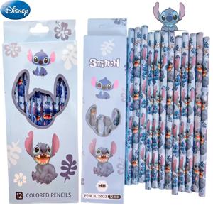 12pcs 디즈니 스티치 애니메이션 연필 학교 용품 아이 컬러 연필 학교 용품 연필 Hb 연필 어린이 생일 크리스마스 선물