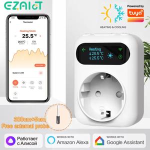 Tuya WIFI 디지털 온도 조절기 소켓 16A 콘센트 플러그 원격 온도 컨트롤러 타이머 스위치 냉각 가열 3M NTC 센서