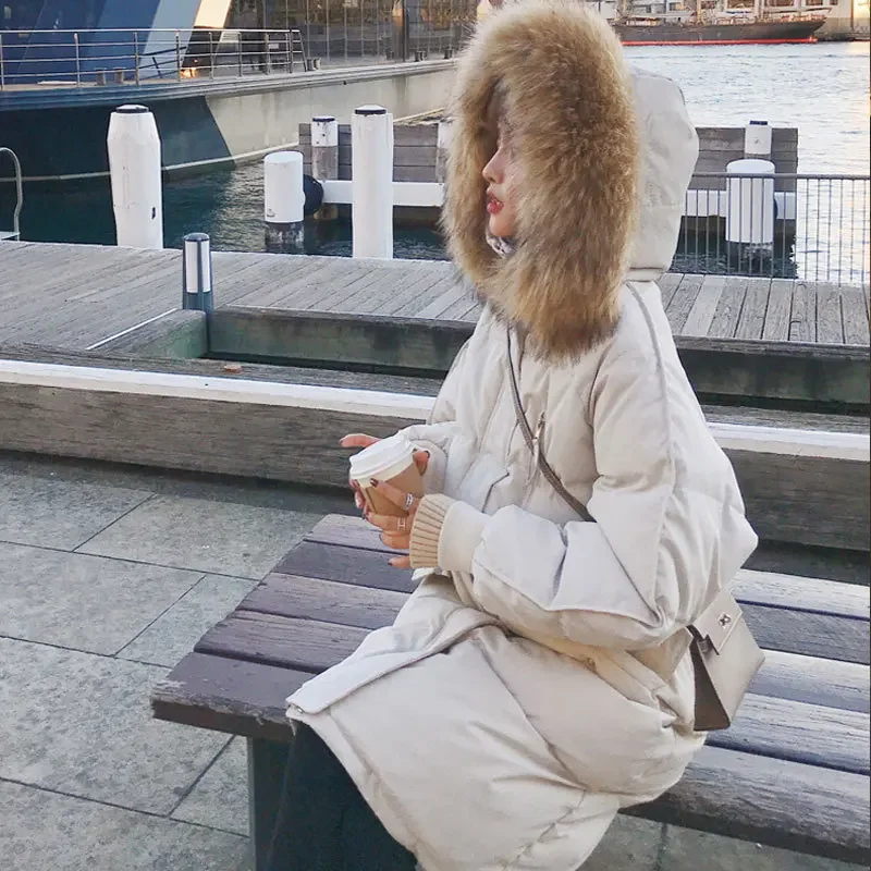 여성용 따뜻한 후드 퍼 칼라 다운 재킷, 한국 버전, 루즈하고 두꺼운 롱 면 패딩 의류, 빵 제공, 겨울 신상