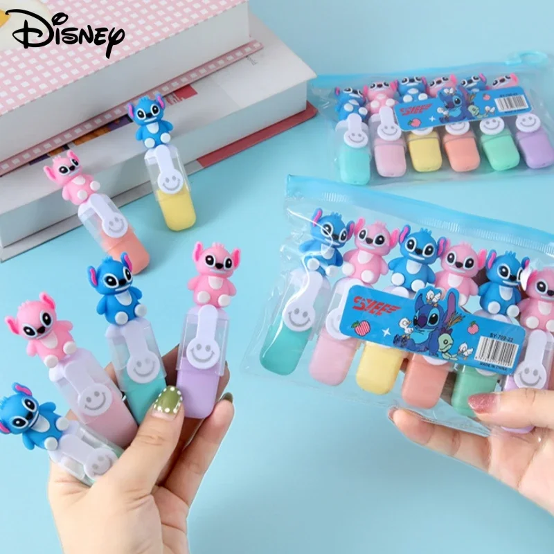6pcs 스티치 형광펜 세트 릴로 & 스티치 만화 마커 학생 및 DIY 핸드북을위한 6 색 귀여운 편지지 선물