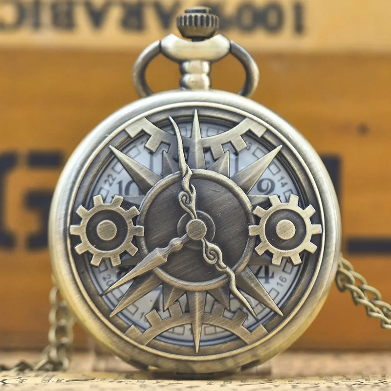 골동품 Steampunk 청동 중공 기어 운동 석영 주머니 시계 펜던트 선물 체인 소년 남자