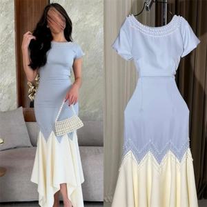 맞춤형 스파클 복잡한 저지 스팽글 진주 주름 셔링 인어 스쿠프 넥 미디 드레스 맞춤형 행사 드레스 레트로