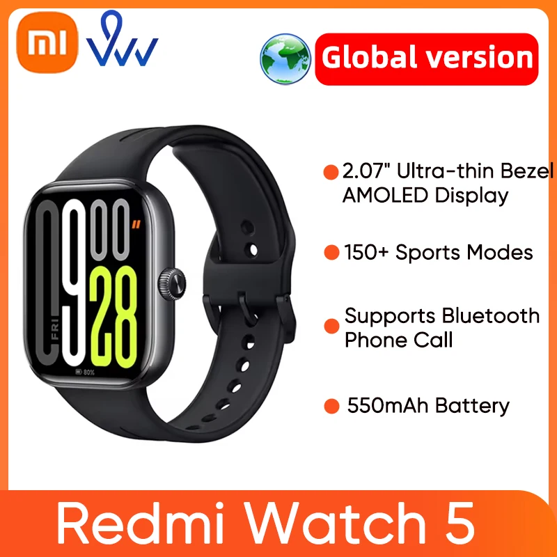 샤오미 레드미 워치 5 글로벌 버전, 2.07 인치 60Hz AMOLED 스크린 내장 GNSS 블루투스 통화 150 + 스포츠 모드, 24 일 배터리 수명