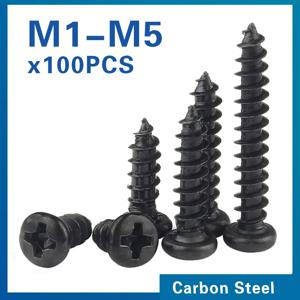 100 개/몫 크로스 라운드 헤드 필립스 셀프 태핑 나사 M1 M1.2 M1.4 M1.5 M1.7 M2 M2.3 M2.6 M3 M3.5 M4 M5 검정색 탄소강