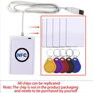 NFC 리더 USB ACR122U 비접촉식 스마트 ic 카드 및 작가 rfid 복사기 복사기 복사기 5pcs UID 변경 가능 태그 카드 열쇠 고리