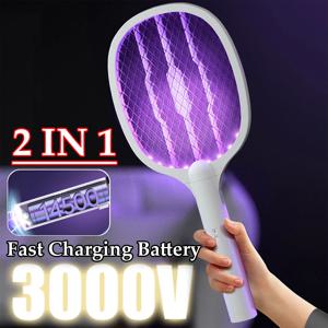 휴대용 전기 플라이 찰싹 때림 3000V 버그 재퍼 라켓 USB 충전식 모기 킬러 램프 해충 방제 기능이있는 2 in 1 플라이 찰싹 때림
