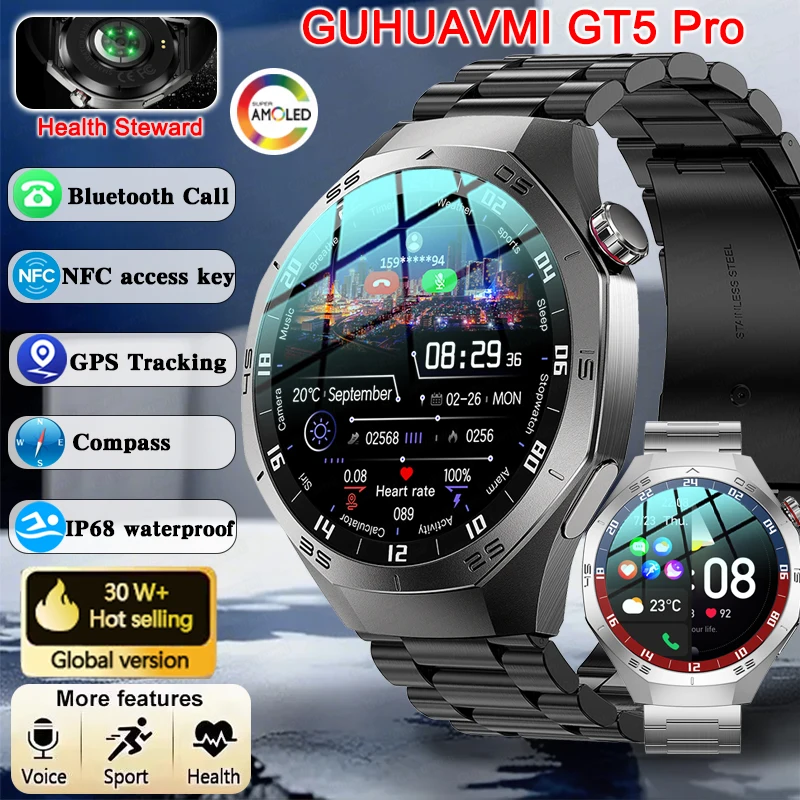 2025 신형 GUHUAVMI GT5 Pro 스마트워치 남성용 HD AMOLED 스크린 GPS 모션 트랙 하트레이트 블루투스 통화 1.52인치 스마트워치 IP68