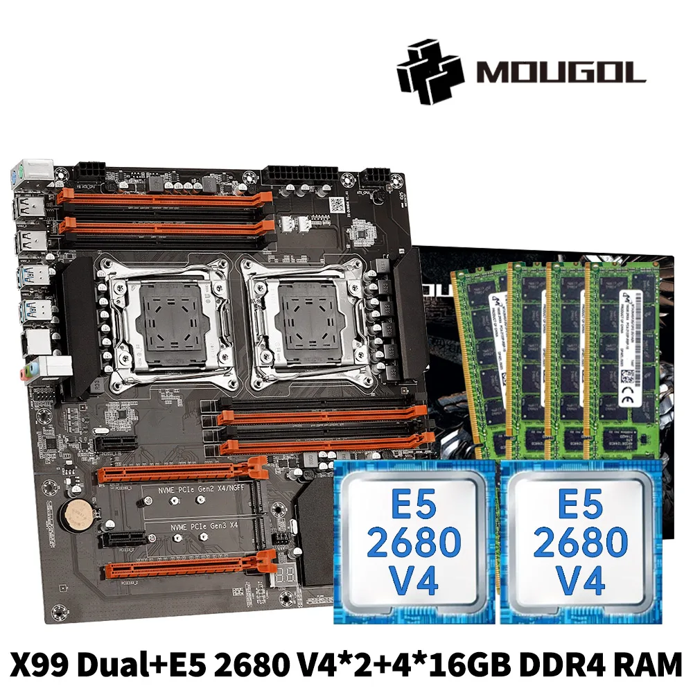 MOUGOl X99 듀얼 CPU 게이밍 메인보드 세트 인텔 제온 E5 2680 V4 & DDR4 64GB (4*16GB) LGA2011-3 M.2 NVME 서버 컴퓨터 호스트용