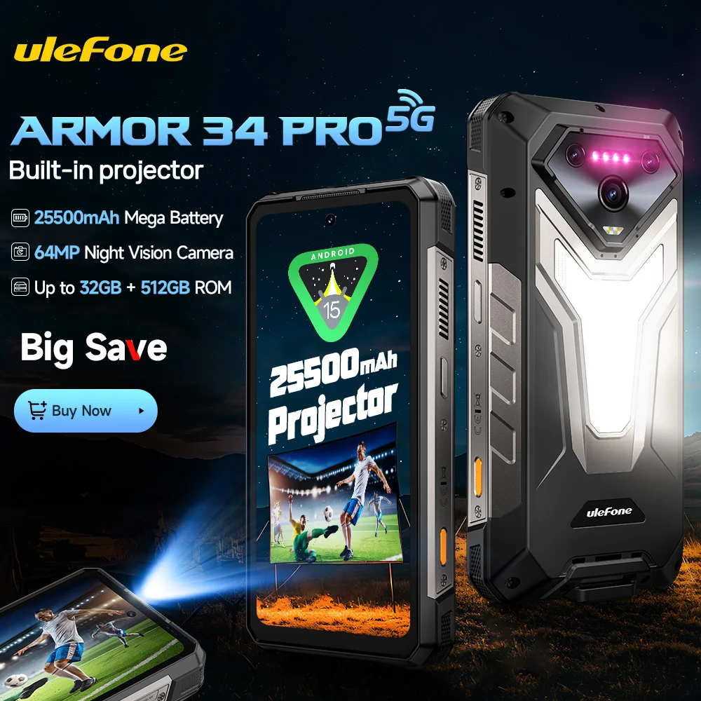 【2025 신규】Ulefone Armor 34 Pro 5G AI 견고한 휴대폰 스마트폰 안드로이드 15 32GB+512GB 25500mAh 야간 카메라 내장 프로젝터