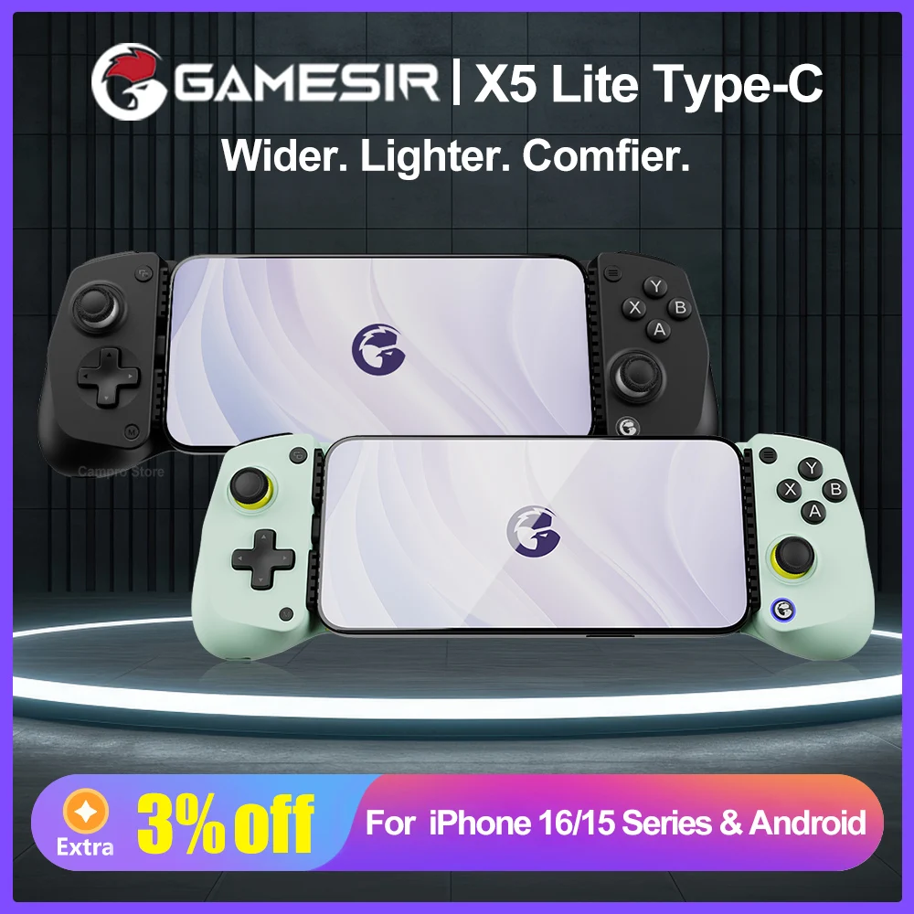GameSir X5 Lite Type-C 안드로이드 iOS 모바일 게임 컨트롤러, 모바일 게임패드, 이동식 Type-C 포트, 교체 가능한 실리콘 패드