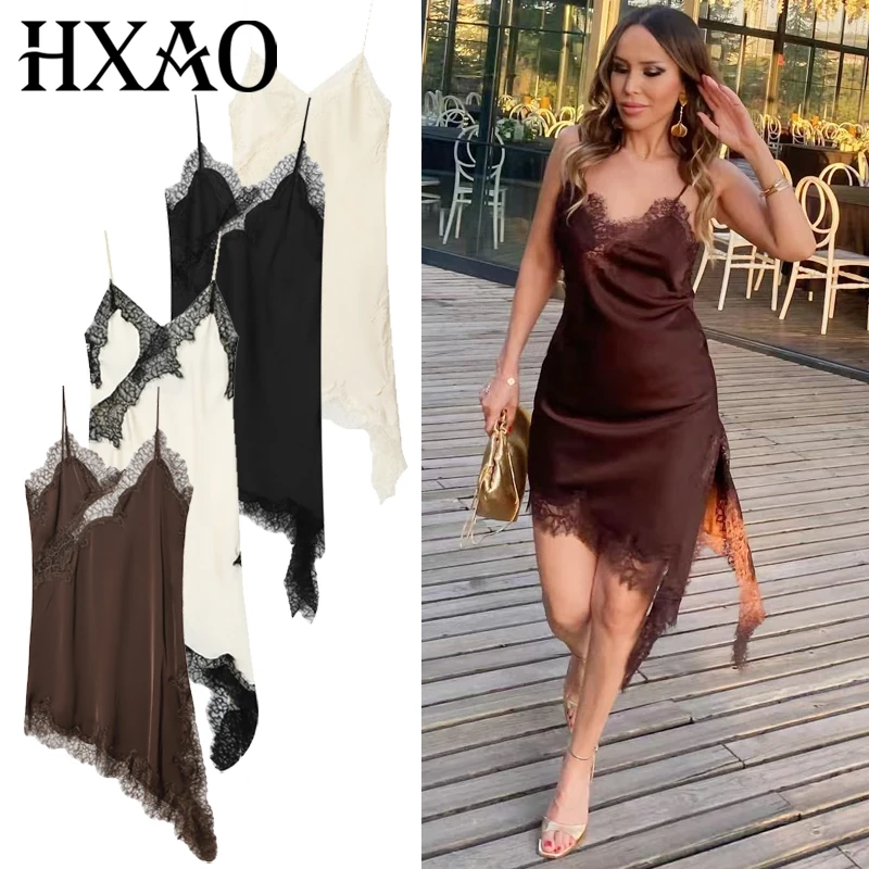 HXAO 여성 드레스 레이스 비대칭 슬립 드레스 여름 2025 섹시한 이브닝 드레스 숙녀 미니 브라운 민소매 백리스 베스 티드