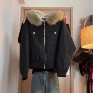 2000년대 스타일의 블랙 엘레강스 여성용 재킷, 2025년 겨울 Y2K 지퍼 후드 디자인 하라주쿠 코트, 여성용 루즈핏 캐주얼 펑크 의상