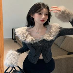 패셔너블한 스파이시 걸 니트 스웨터 긴 소매 숏 코트 슬림 핏 체크무늬 스탠드 칼라 캐주얼웨어 여성용