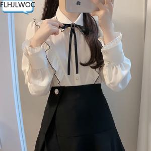여성용 프릴 귀여운 보우 타이 탑 프레피 스타일 빈티지 일본 한국 디자인 버튼 우아한 공식 화이트 셔츠 블라우스