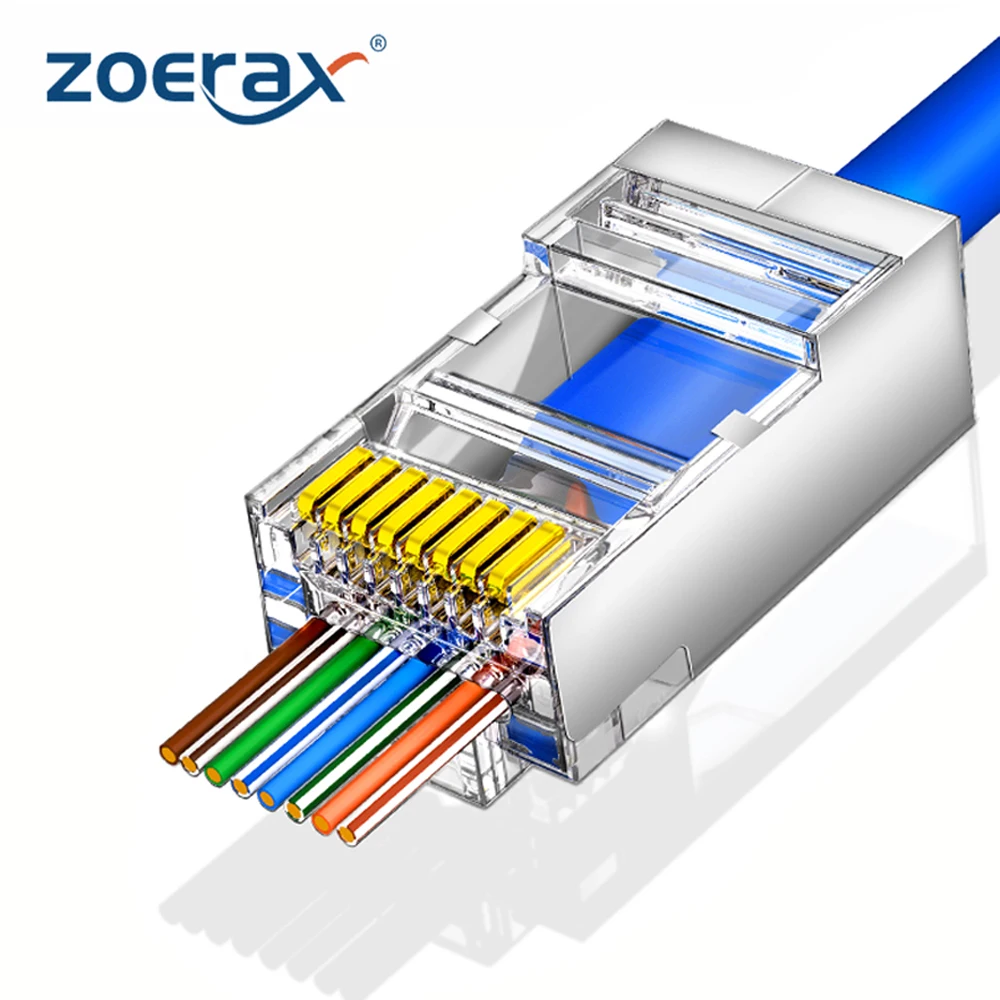 ZOERAX 50/100pcs 차폐 RJ45 CAT5 CAT6 패스 스루 커넥터 1.1mm 구멍 모듈러 플러그 금도금 3 프롱 8P8C 이더넷 엔드