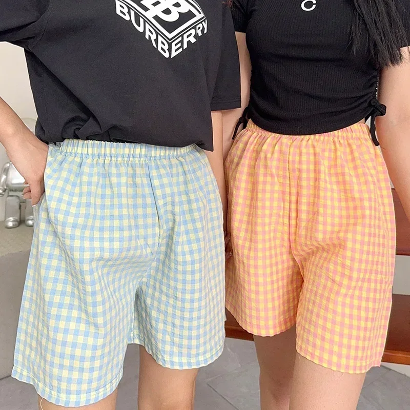 여성용 캐주얼 격자 무늬 반바지, 루즈 심플 스트레이트 바지, 체육관 운동 가정 의류, 여성 의류, 여름