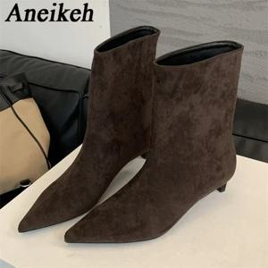 Aneikeh 가을 패션 고품질 지적 발가락 빈티지 발목 부츠 섹시한 얇은 낮은 굽 여성 파티 신발에 따뜻한 나이트 슬립