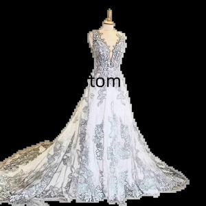 민소매 V넥 웨딩 원피스 레이스 아플리케, 백리스 신부 가운, 2024