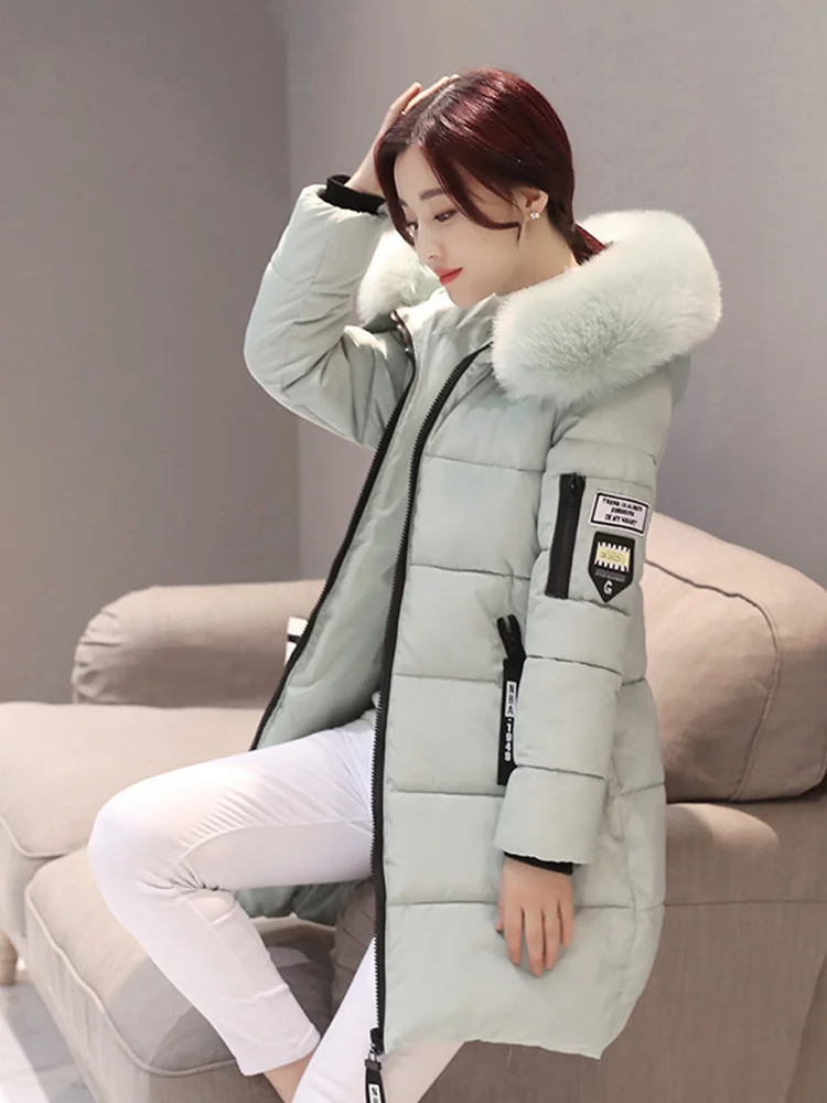 겨울 따뜻한 모피 칼라 후드 여성 파카 패션 편안한 지퍼 포켓 디자인 롱 자켓 우아한 슬림 두꺼운 여성 코트