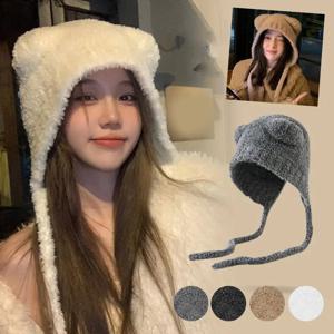 겨울 플러시 비니 귀여운 곰 귀 양모 모자 따뜻한 레이스 업 Gorros 뜨개질 모자 여성 보닛 보호 폭격기 한국 귀 니트 X4L2