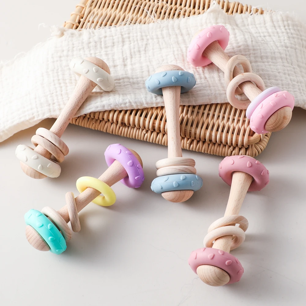 아기 장난감 나무 딸랑이 실리콘 반지 아기 0 12 개월 장난감 딸랑이 Teether 아기를위한 감각 장난감 아기 선물을위한 나무 Teether