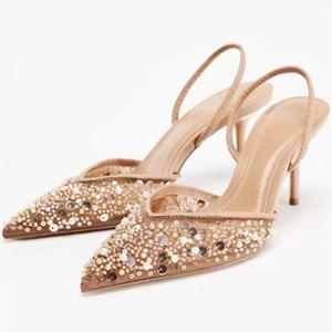 럭셔리 디자이너 블링 문자열 비드 메쉬 하이힐 여성 섹시한 뾰족한 발가락 통기성 굽 샌들 우아한 슬링 백 여성 펌프