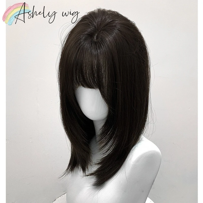 Ashely 검은 가발 짧은 스트레이트 16 인치 머리 가발 앞머리 머리띠 가발 고온 섬유 합성 가발 로리타 코스프레