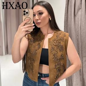HXAO 2025 여성용 조끼 크롭 수 놓은 조끼 봄 스웨이드 양복 조끼 민소매 조끼 카디건 여성용 새 겉옷 Giletes 066