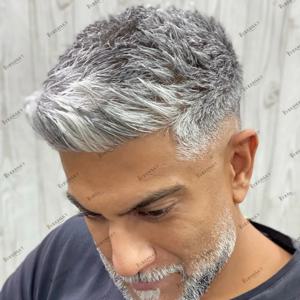 감지할 수 없는 1B80 그레이 실버 블랙 인간의 머리카락 남성용 가발 모세관 보철물 쉬운 설치 전체 PU 베이스 내구성이 뛰어난 남성용 가발