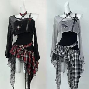 하라주쿠 아메리칸 빈티지 2 피스 세트 여성 블랙 Y2k 자르기 탑 블라우스 + 불규칙 드레스 한국 패션 레트로 정장 슬림 고딕