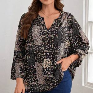 플러스 사이즈 여성용 셔츠, 프린트 V 넥 긴 소매, 루즈핏, 우아한 디자인, 봄 & 가을 패셔너블 캐주얼 휴가 탑