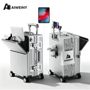 AIWEINY 2025 알루미늄 프레임 수트케이스 PC 하드셸 압력 저항 여행용 가방, 360° 무소음 다방향 바퀴 가방, 컵 홀더 및 수납 선반, TSA 잠금장치 포함.