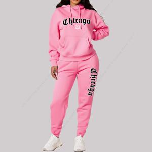 여성 세트 후드 바지 2 피스 의상 미적 운동복 Sweatsuit Chicago 그래픽 문자 인쇄 플러스 사이즈 핑크 Tracksuit