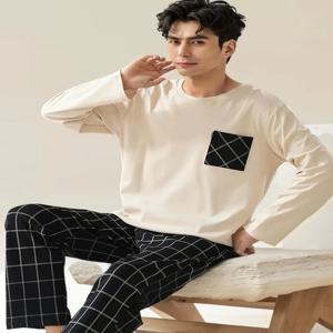 남성용 긴 소매 크루넥 풀오버 & 체크 무늬 바지 파자마 세트 - 부드럽고 편안하며 스타일리시하고 캐주얼 스타일, 슬림핏, 올 시즌