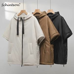 Schinteon 여성 카멜 다운 케이프 조끼 후드 포함 루즈한 민소매 조끼 솔리드 패셔너블 가을 겨울 재킷 2025 신상