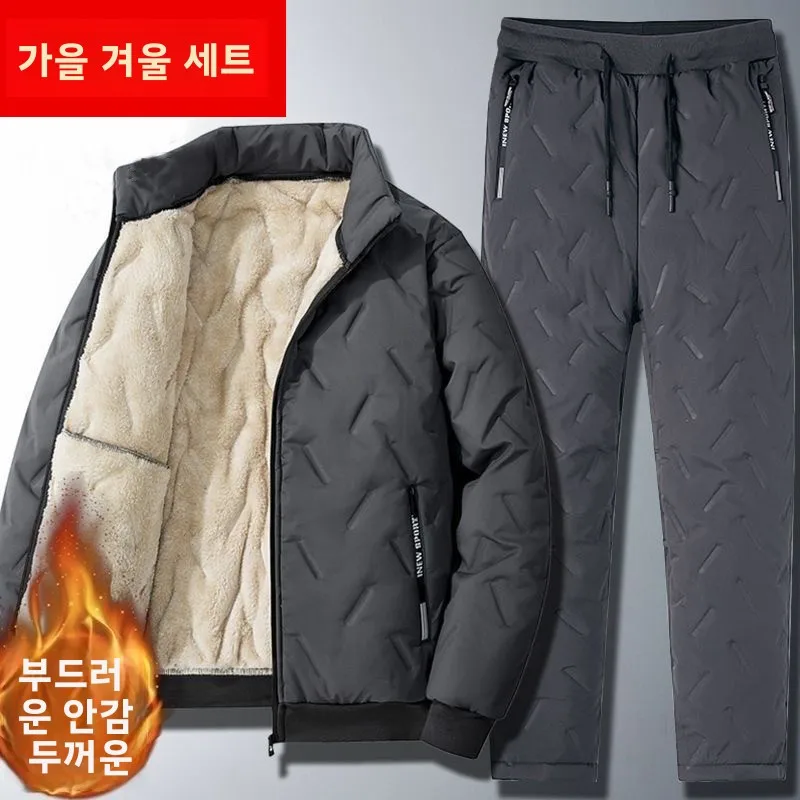 패셔너블한 가을 겨울 양털 벨벳 안감 루즈핏 남성 아우터웨어 스포츠 두꺼운 면 코트 세트 긴 소매 긴 바지